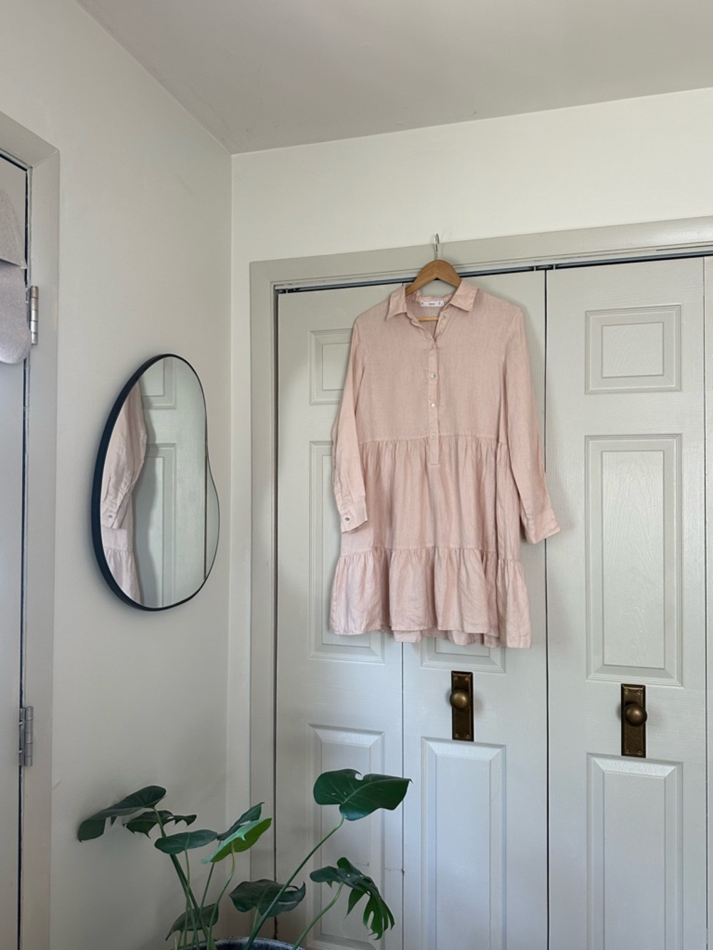 MNG Linen Light Pink Tiered Button-Up Shirt Dress